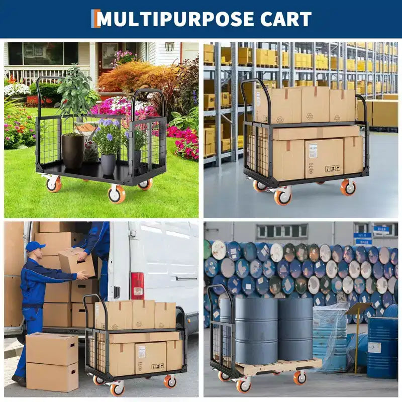 Carrello Piattaforma 2000 Libbre con Gabbia, Carrello a Mano Pieghevole 6 in 1 Resistente con Gabbia, Carrello Pieghevole Dolly