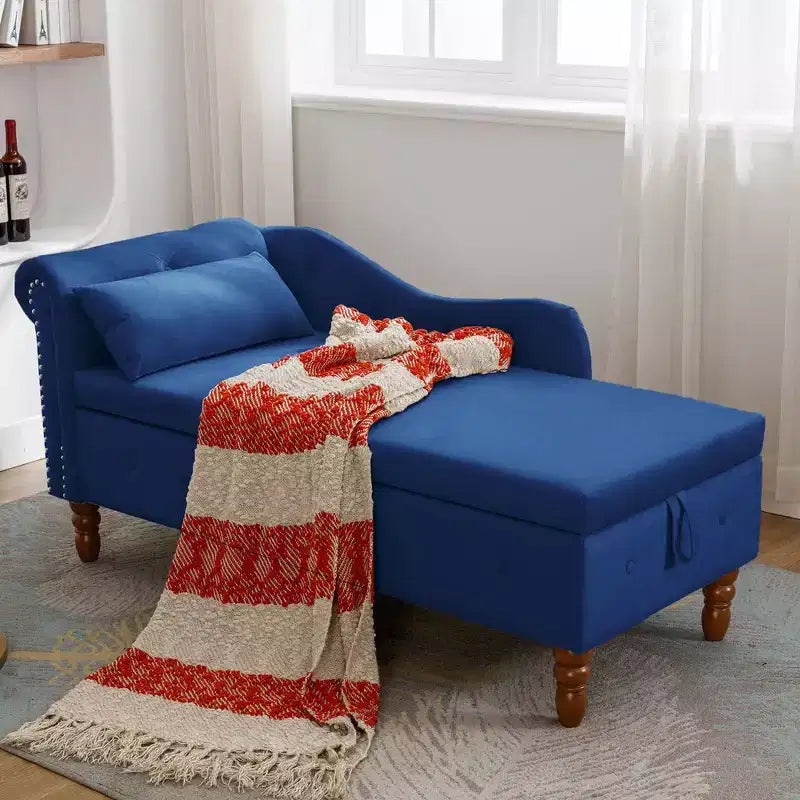 Poltrona reclinabile moderna con contenitore e finiture con borchie, sedia a sdraio in velluto imbottita con bottoni, contenitore e cuscino per soggiorno