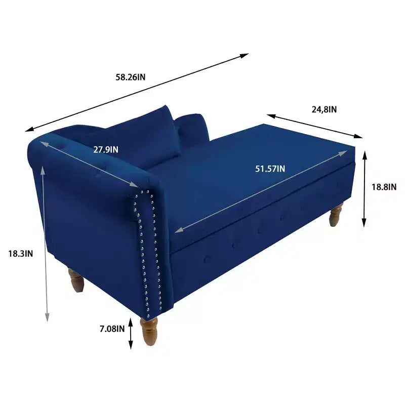 Poltrona reclinabile moderna con contenitore e finiture con borchie, sedia a sdraio in velluto imbottita con bottoni, contenitore e cuscino per soggiorno