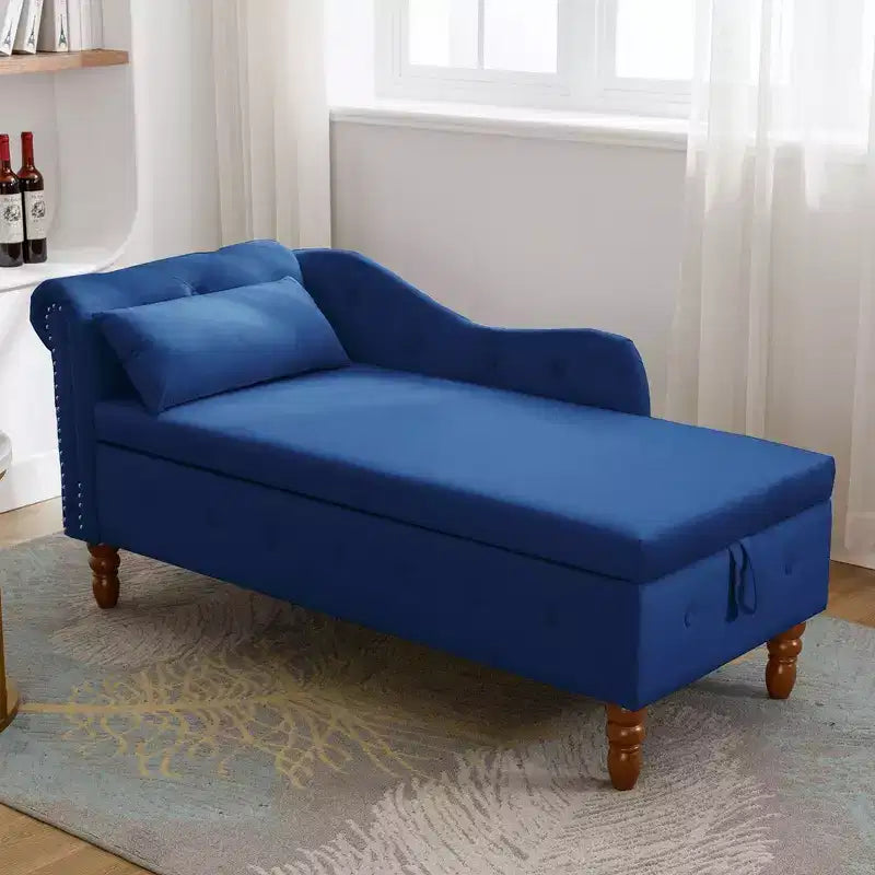 Poltrona reclinabile moderna con contenitore e finiture con borchie, sedia a sdraio in velluto imbottita con bottoni, contenitore e cuscino per soggiorno