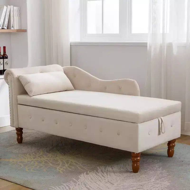 Poltrona reclinabile moderna con contenitore e finiture con borchie, sedia a sdraio in velluto imbottita con bottoni, contenitore e cuscino per soggiorno