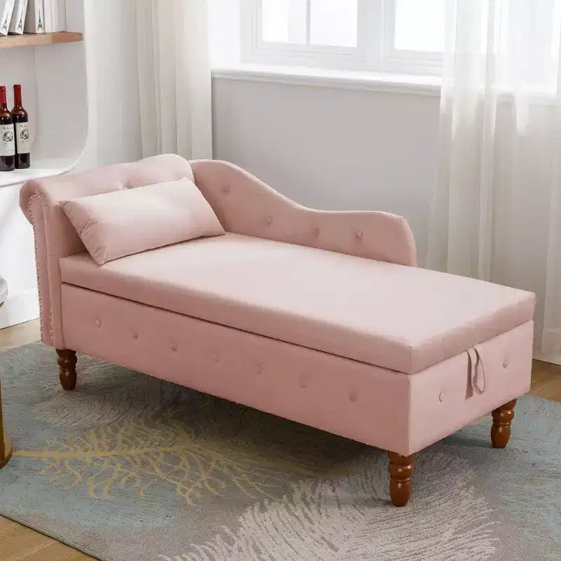 Poltrona reclinabile moderna con contenitore e finiture con borchie, sedia a sdraio in velluto imbottita con bottoni, contenitore e cuscino per soggiorno