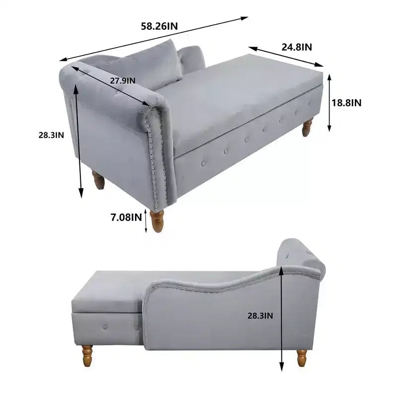 Poltrona reclinabile moderna con contenitore e finiture con borchie, sedia a sdraio in velluto imbottita con bottoni, contenitore e cuscino per soggiorno
