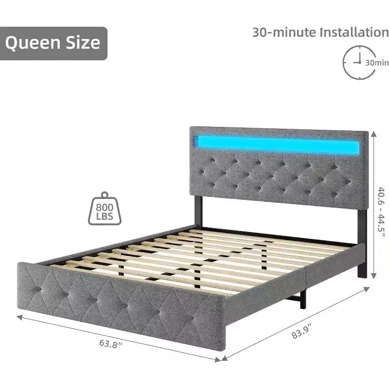 Letto matrimoniale imbottito Grey Queen con testiera moderna, design della testiera d'atmosfera, nessuna necessità di box spring, facile montaggio, elegante aggiornamento neutro per la camera da letto