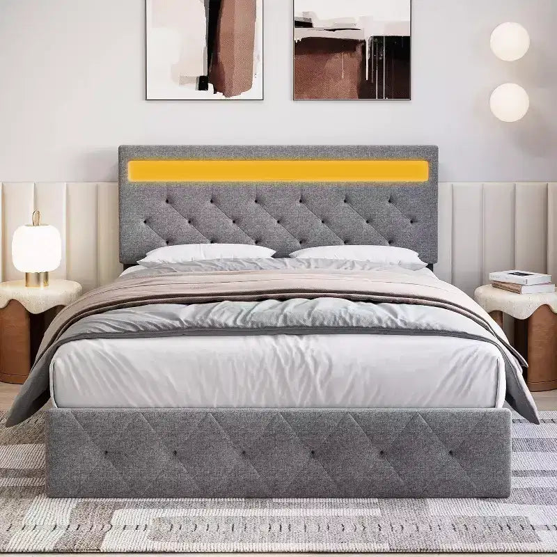 Letto matrimoniale imbottito Grey Queen con testiera moderna, design della testiera d'atmosfera, nessuna necessità di box spring, facile montaggio, elegante aggiornamento neutro per la camera da letto