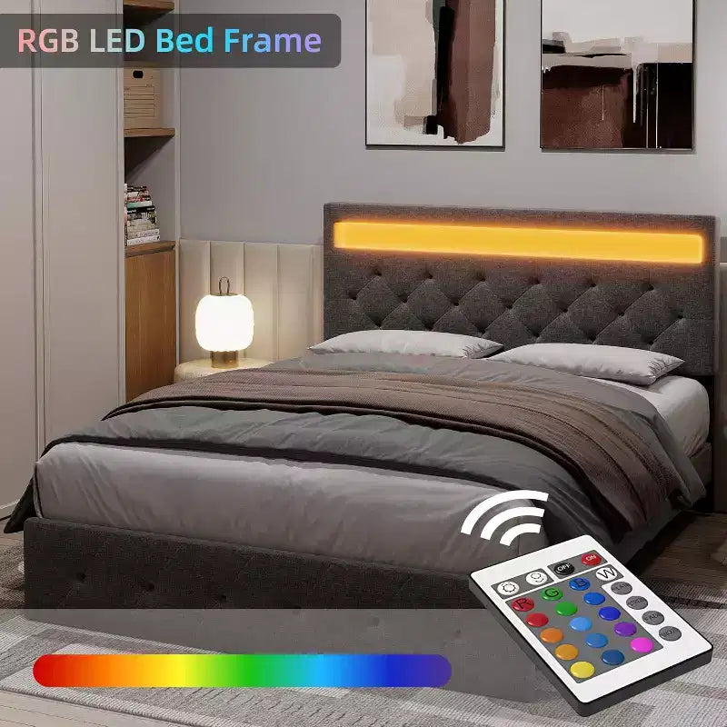 Letto matrimoniale imbottito Grey Queen con testiera moderna, design della testiera d'atmosfera, nessuna necessità di box spring, facile montaggio, elegante aggiornamento neutro per la camera da letto