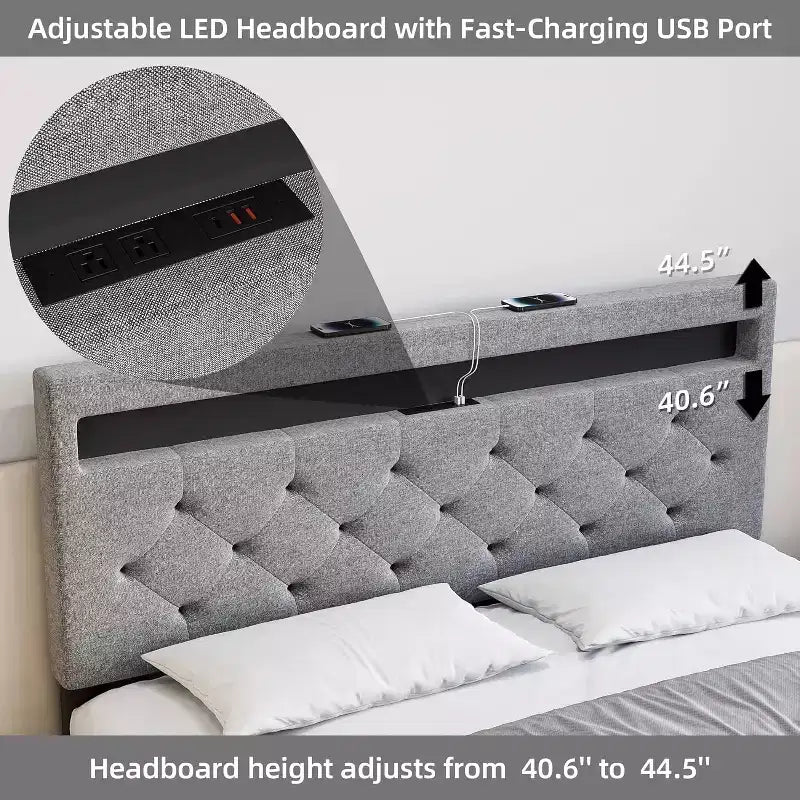 Letto matrimoniale imbottito Grey Queen con testiera moderna, design della testiera d'atmosfera, nessuna necessità di box spring, facile montaggio, elegante aggiornamento neutro per la camera da letto
