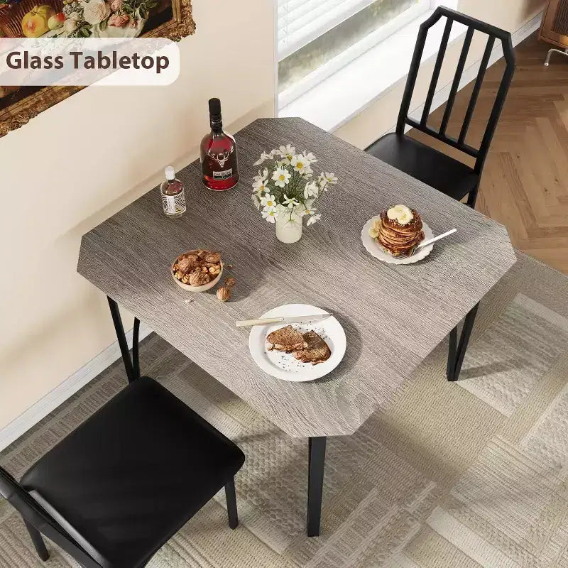 Set da pranzo per 2 con design salvaspazio, piano in vetro, seduta imbottita e design smussato, adatto