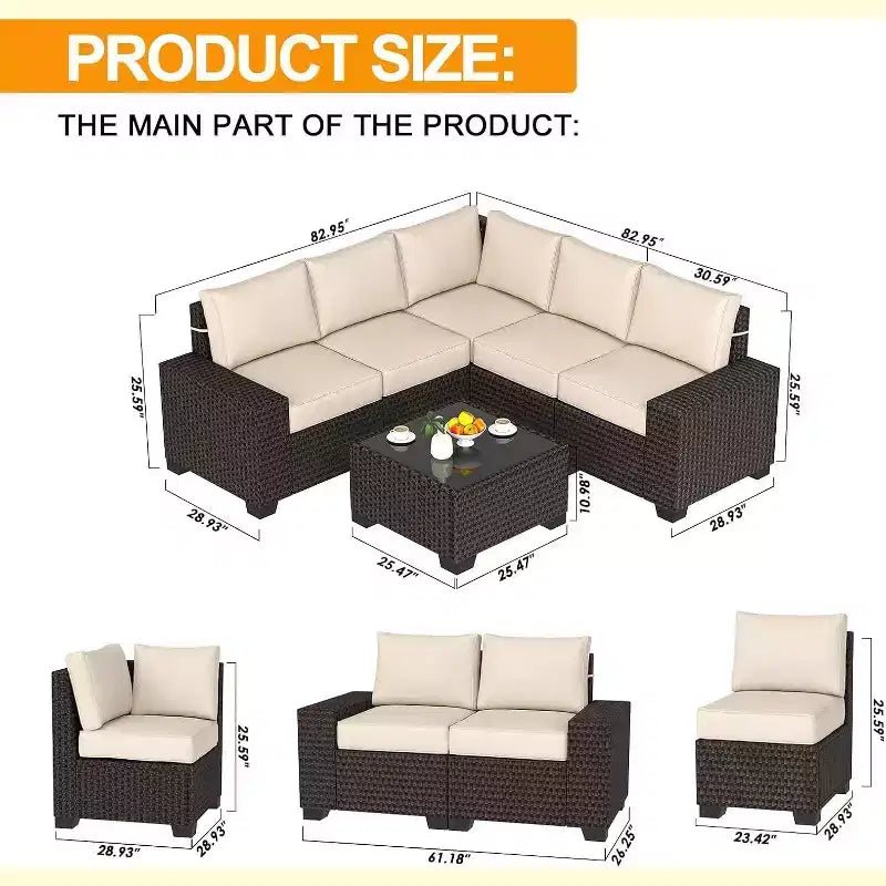 COZONY Set da Esterno 6 Pezzi, Divano Sezionale in Rattan Resistente alle Intemperie con Tavolino in Vetro e Cuscini per Giardino e Prato