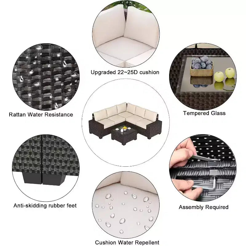 COZONY Set da Esterno 6 Pezzi, Divano Sezionale in Rattan Resistente alle Intemperie con Tavolino in Vetro e Cuscini per Giardino e Prato