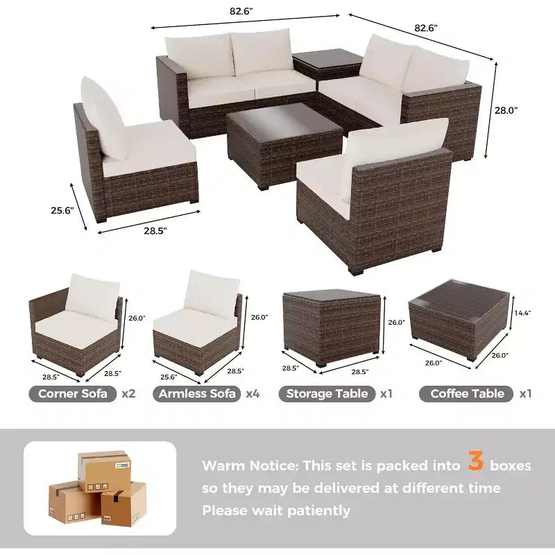 COZONY Set da Esterno 8 Pezzi da Giardino, Set Divano da Conversazione in Rattan PE con Tavolino in Vetro e Contenitore, per Bordo Piscina, Prato