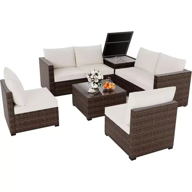COZONY Set da Esterno 8 Pezzi da Giardino, Set Divano da Conversazione in Rattan PE con Tavolino in Vetro e Contenitore, per Bordo Piscina, Prato
