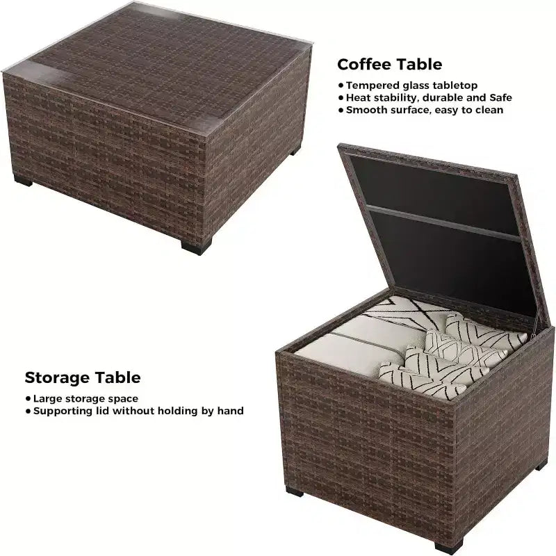 COZONY Set da Esterno 8 Pezzi da Giardino, Set Divano da Conversazione in Rattan PE con Tavolino in Vetro e Contenitore, per Bordo Piscina, Prato