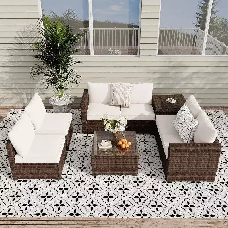 COZONY Set da Esterno 8 Pezzi da Giardino, Set Divano da Conversazione in Rattan PE con Tavolino in Vetro e Contenitore, per Bordo Piscina, Prato