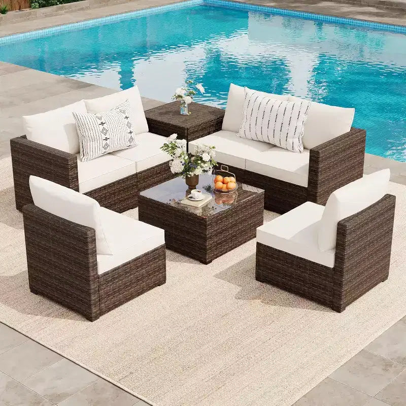 COZONY Set da Esterno 8 Pezzi da Giardino, Set Divano da Conversazione in Rattan PE con Tavolino in Vetro e Contenitore, per Bordo Piscina, Prato