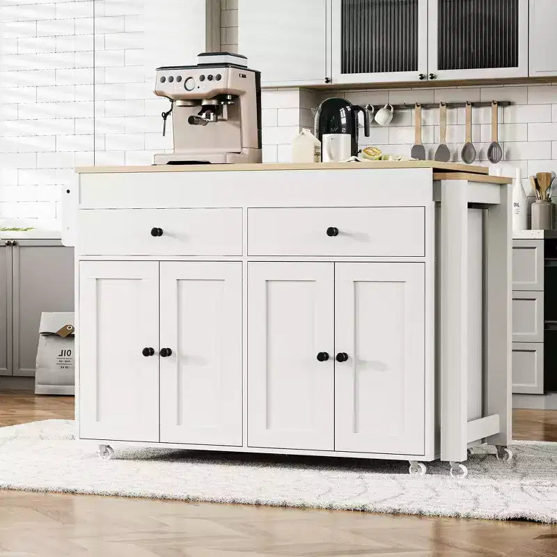 JVNOXK 74 inch Mobile Kitchen Island with Wheels and Extendable Dining Table, Includes Spice Rack and 2 Drawers, Suitable for Kitchen, White