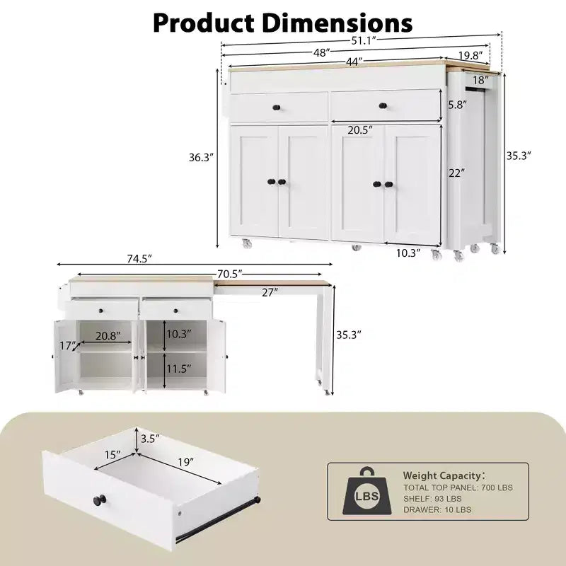 JVNOXK 74 inch Mobile Kitchen Island with Wheels and Extendable Dining Table, Includes Spice Rack and 2 Drawers, Suitable for Kitchen, White