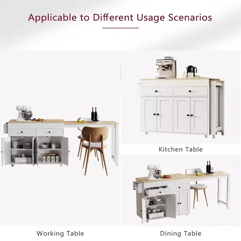 JVNOXK 74 inch Mobile Kitchen Island with Wheels and Extendable Dining Table, Includes Spice Rack and 2 Drawers, Suitable for Kitchen, White