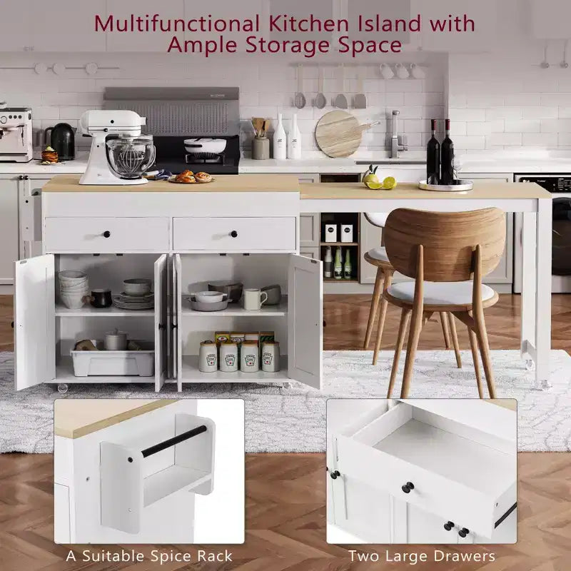 JVNOXK 74 inch Mobile Kitchen Island with Wheels and Extendable Dining Table, Includes Spice Rack and 2 Drawers, Suitable for Kitchen, White