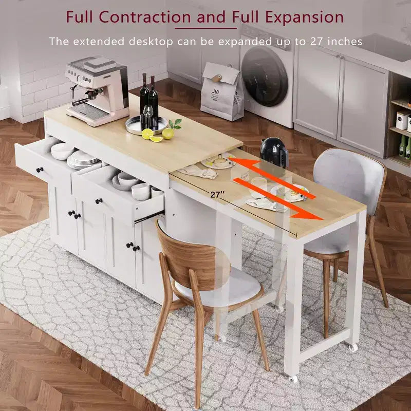 JVNOXK 74 inch Mobile Kitchen Island with Wheels and Extendable Dining Table, Includes Spice Rack and 2 Drawers, Suitable for Kitchen, White
