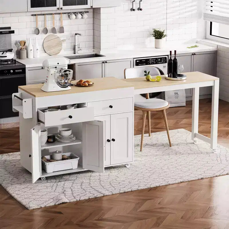 JVNOXK 74 inch Mobile Kitchen Island with Wheels and Extendable Dining Table, Includes Spice Rack and 2 Drawers, Suitable for Kitchen, White
