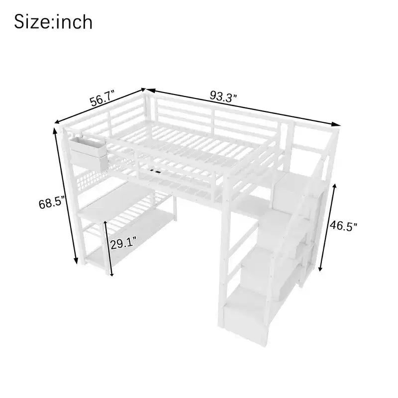 TUYOHW Letto a soppalco full size con scala contenitore e armadio, Letto a soppalco in metallo con scrivania, mensole, stazione di ricarica, luci a LED per ragazzi e adulti