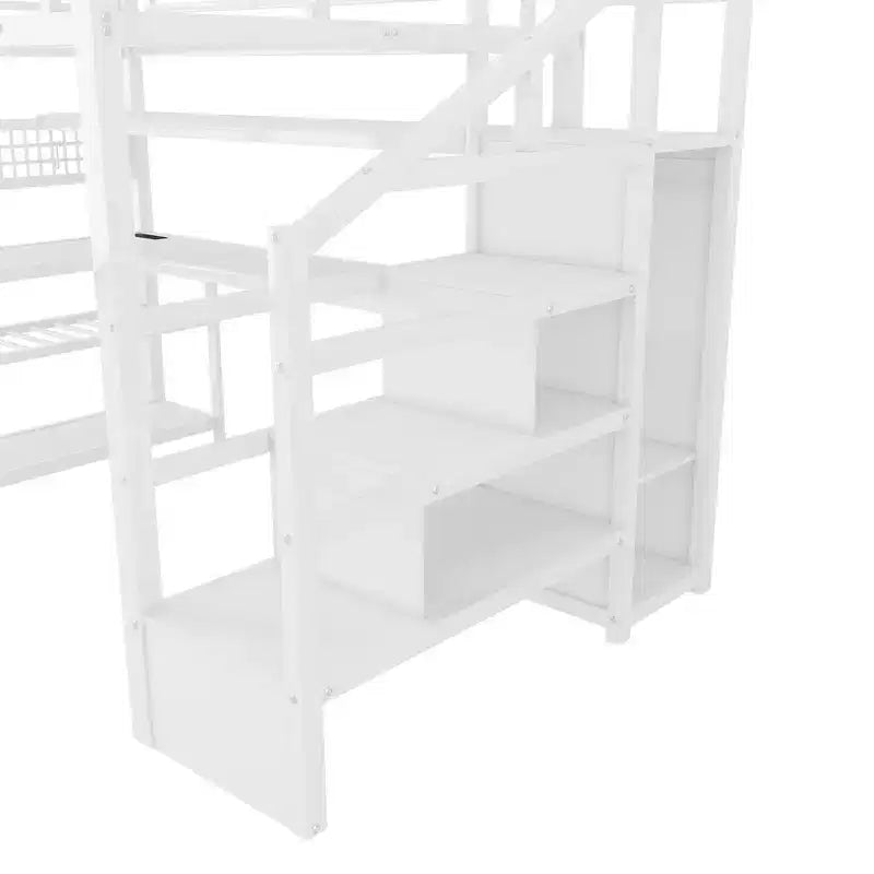 TUYOHW Letto a soppalco full size con scala contenitore e armadio, Letto a soppalco in metallo con scrivania, mensole, stazione di ricarica, luci a LED per ragazzi e adulti