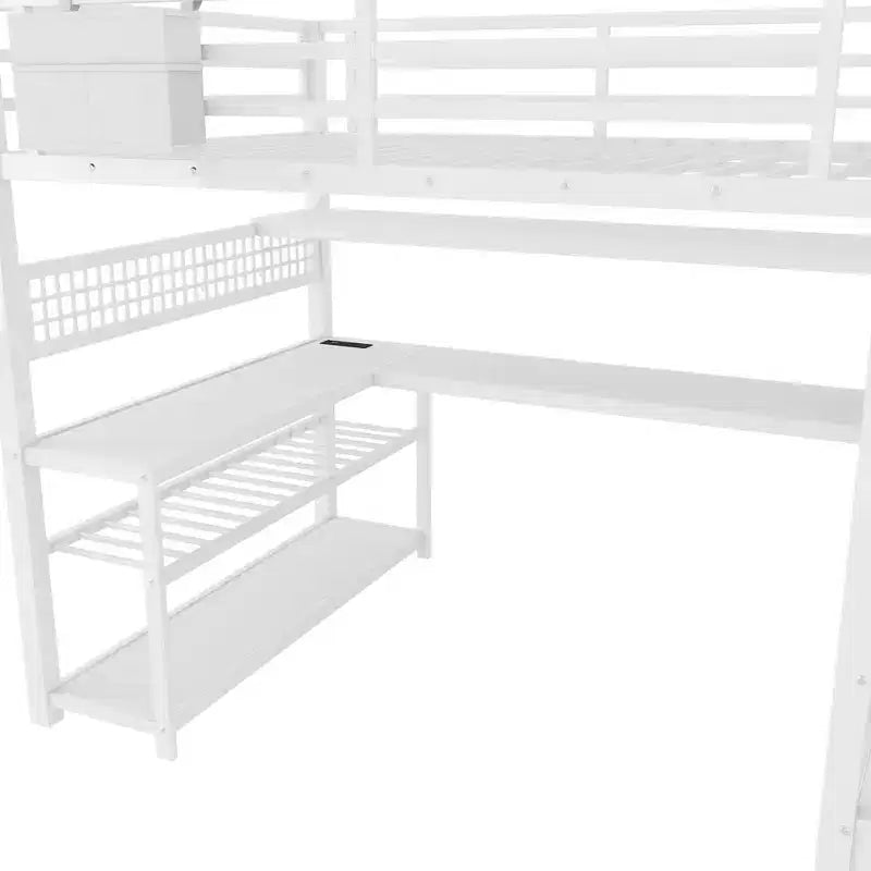 TUYOHW Letto a soppalco full size con scala contenitore e armadio, Letto a soppalco in metallo con scrivania, mensole, stazione di ricarica, luci a LED per ragazzi e adulti