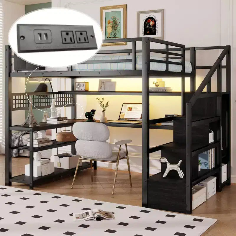 TUYOHW Letto a soppalco full size con scala contenitore e armadio, Letto a soppalco in metallo con scrivania, mensole, stazione di ricarica, luci a LED per ragazzi e adulti