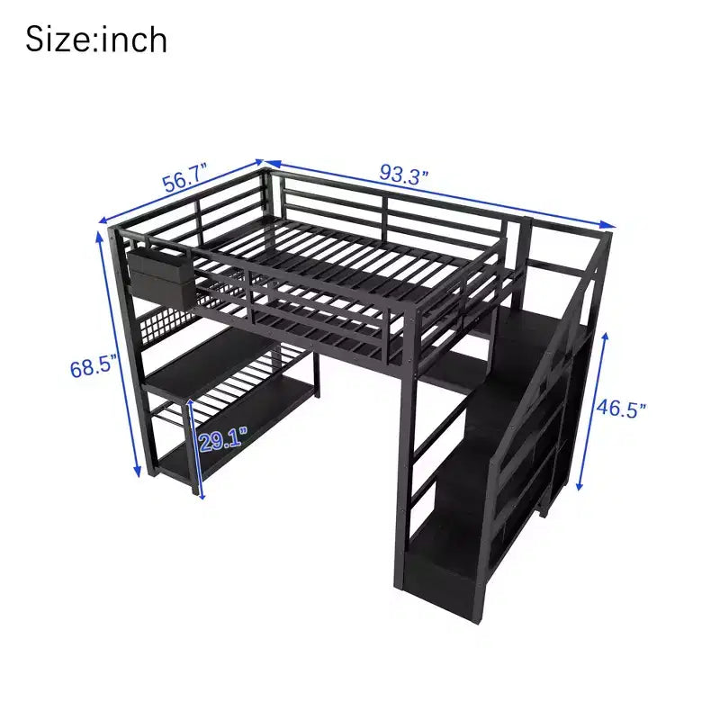 TUYOHW Letto a soppalco full size con scala contenitore e armadio, Letto a soppalco in metallo con scrivania, mensole, stazione di ricarica, luci a LED per ragazzi e adulti