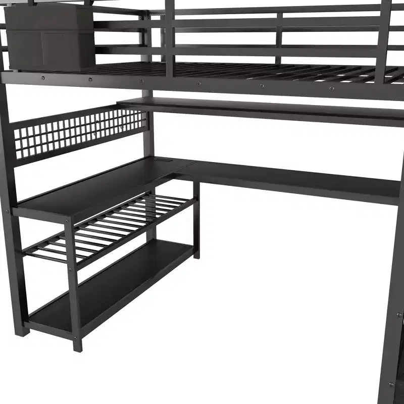 TUYOHW Letto a soppalco full size con scala contenitore e armadio, Letto a soppalco in metallo con scrivania, mensole, stazione di ricarica, luci a LED per ragazzi e adulti