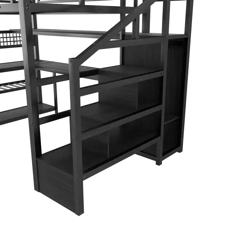 TUYOHW Letto a soppalco full size con scala contenitore e armadio, Letto a soppalco in metallo con scrivania, mensole, stazione di ricarica, luci a LED per ragazzi e adulti