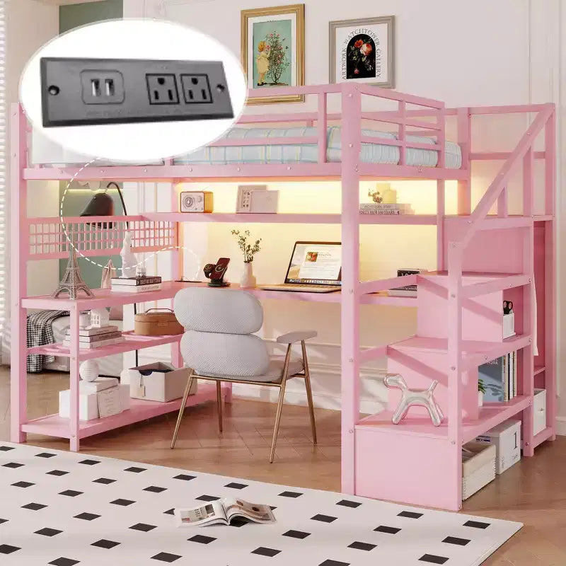 TUYOHW Letto a soppalco full size con scala contenitore e armadio, Letto a soppalco in metallo con scrivania, mensole, stazione di ricarica, luci a LED per ragazzi e adulti