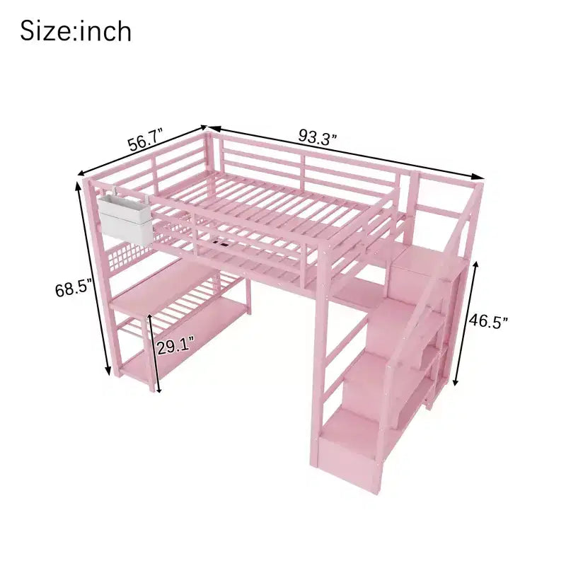 TUYOHW Letto a soppalco full size con scala contenitore e armadio, Letto a soppalco in metallo con scrivania, mensole, stazione di ricarica, luci a LED per ragazzi e adulti