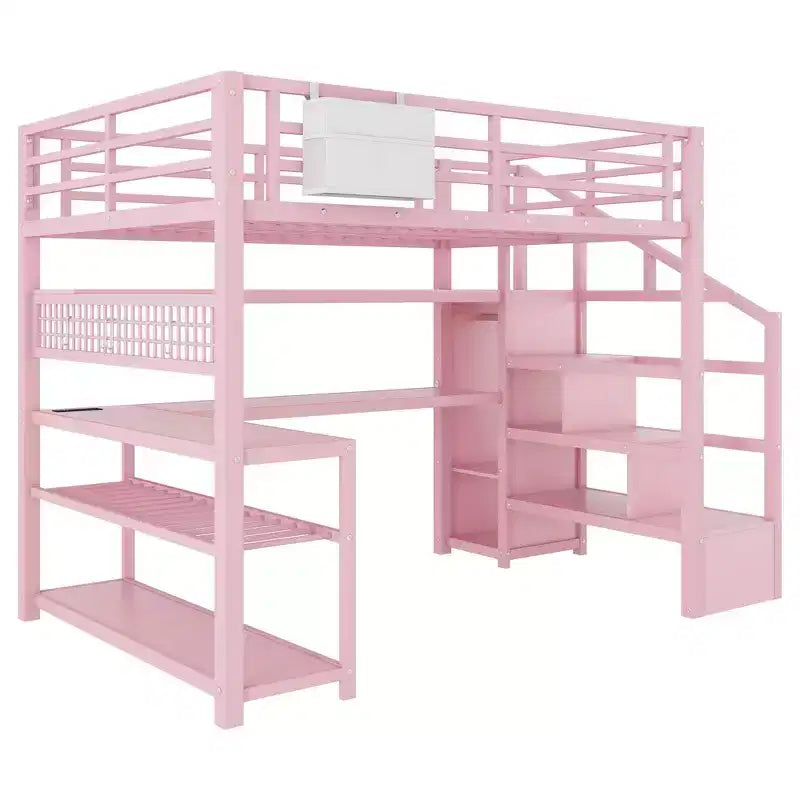 TUYOHW Letto a soppalco full size con scala contenitore e armadio, Letto a soppalco in metallo con scrivania, mensole, stazione di ricarica, luci a LED per ragazzi e adulti