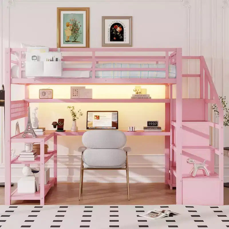 TUYOHW Letto a soppalco full size con scala contenitore e armadio, Letto a soppalco in metallo con scrivania, mensole, stazione di ricarica, luci a LED per ragazzi e adulti