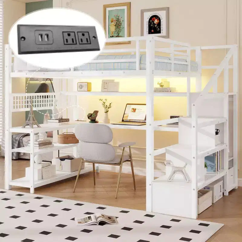 TUYOHW Letto a soppalco full size con scala contenitore e armadio, Letto a soppalco in metallo con scrivania, mensole, stazione di ricarica, luci a LED per ragazzi e adulti