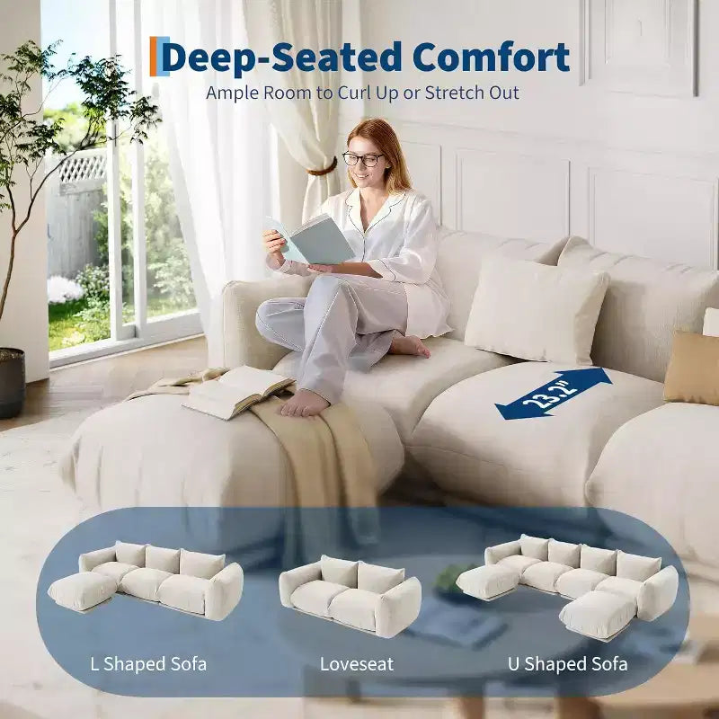 Divano componibile a nuvola oversize: divano modulare a forma di U in ciniglia, design profondo della seduta senza struttura interna