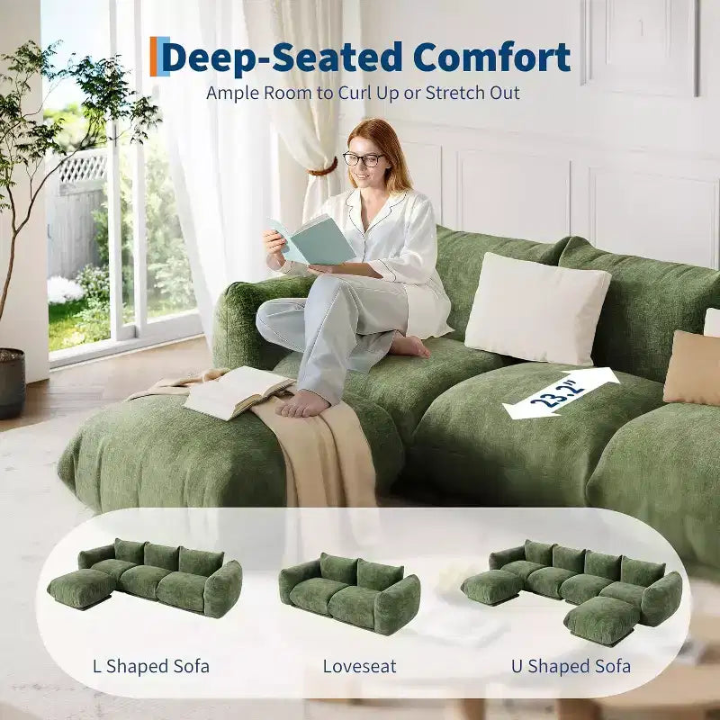 Divano componibile a nuvola oversize: divano modulare a forma di U in ciniglia, design profondo della seduta senza struttura interna