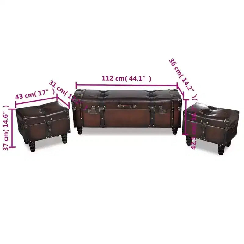 vidaXL Panchi contenitori 3 pz Marrone scuro in legno massello di pino e similpelle
