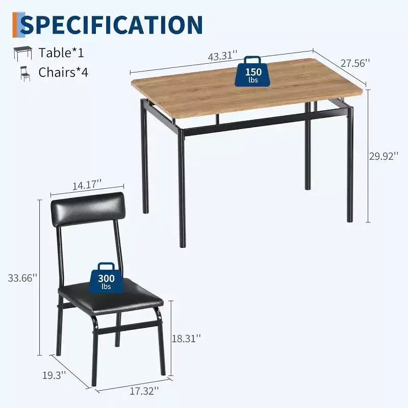 Acekool Set da pranzo di 5 pezzi, tavolo in legno marrone, salvaspazio, per la cucina