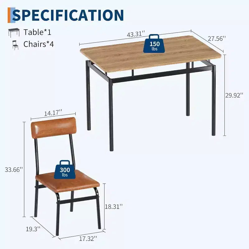Acekool Set da pranzo di 5 pezzi, tavolo in legno marrone, salvaspazio, per la cucina