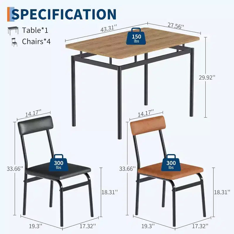 Acekool Set da pranzo di 5 pezzi, tavolo in legno marrone, salvaspazio, per la cucina