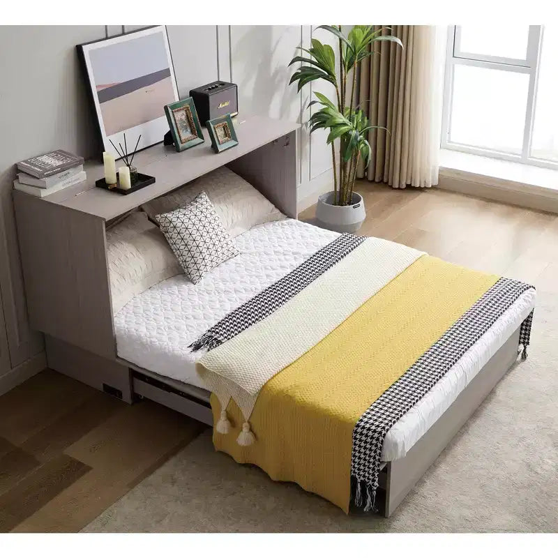 GDFStudio Enlor Letto a Scomparsa Moderno in Legno con Materasso Pieghevole in Schiuma, Stazione di Ricarica e Cassetti Contenitori