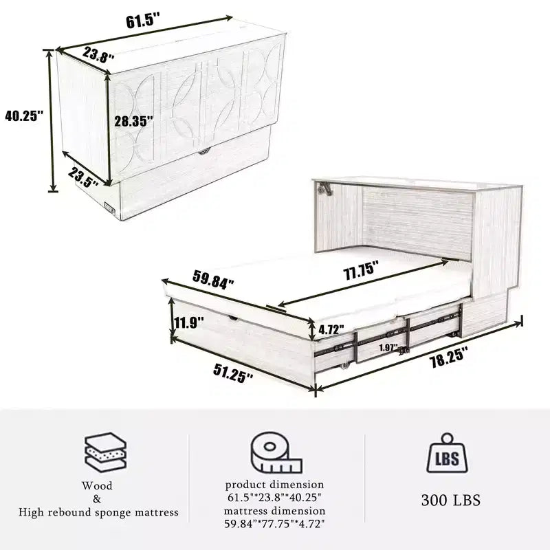 GDFStudio Enlor Letto a Scomparsa Moderno in Legno con Materasso Pieghevole in Schiuma, Stazione di Ricarica e Cassetti Contenitori