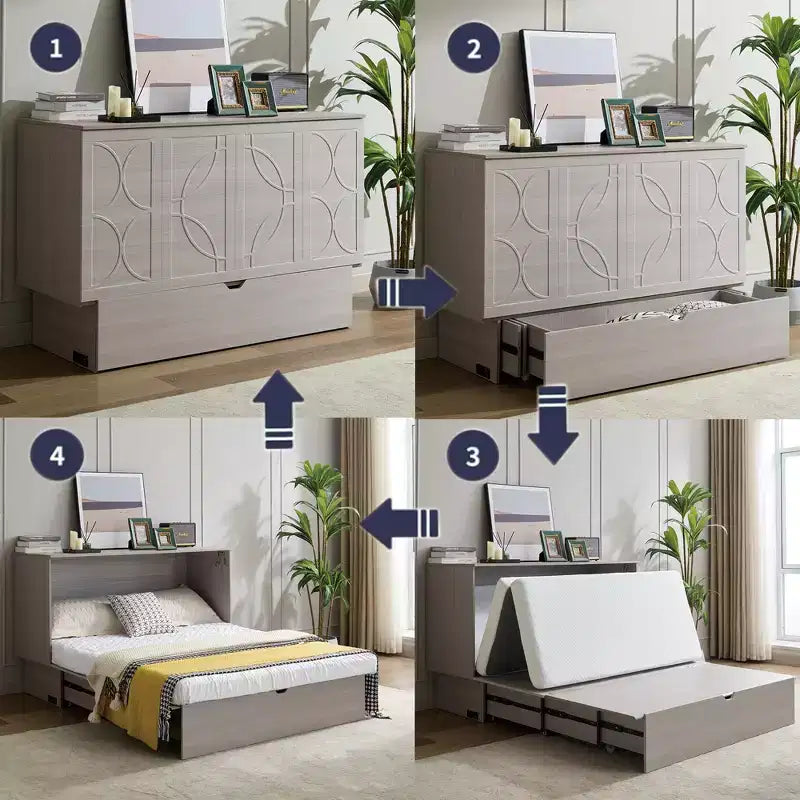 GDFStudio Enlor Letto a Scomparsa Moderno in Legno con Materasso Pieghevole in Schiuma, Stazione di Ricarica e Cassetti Contenitori