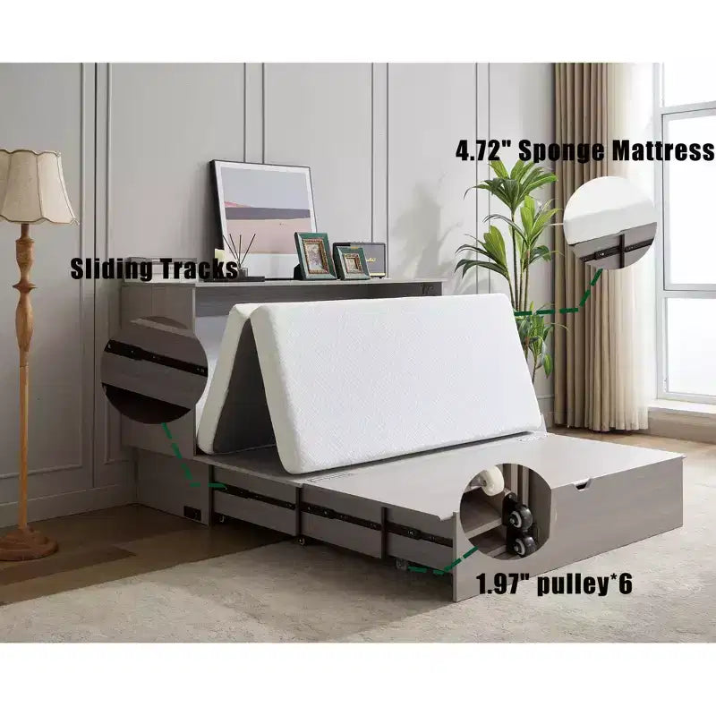 GDFStudio Enlor Letto a Scomparsa Moderno in Legno con Materasso Pieghevole in Schiuma, Stazione di Ricarica e Cassetti Contenitori