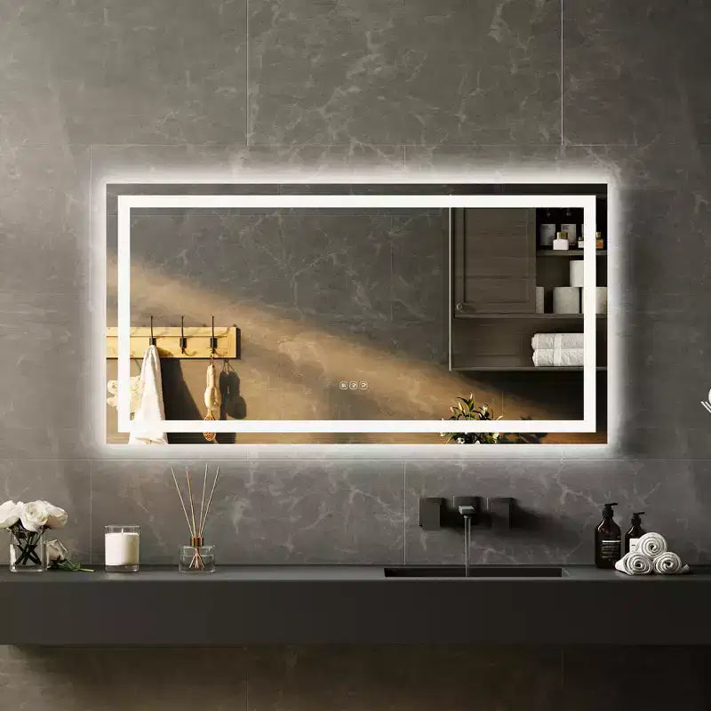 Specchio da Bagno a LED Senza Cornice con Illuminazione Frontale e Retroilluminazione, Dimmerabile Continua, Anti-Appannamento, Anti-Rottura per Parete (Orizzontale/Verticale)