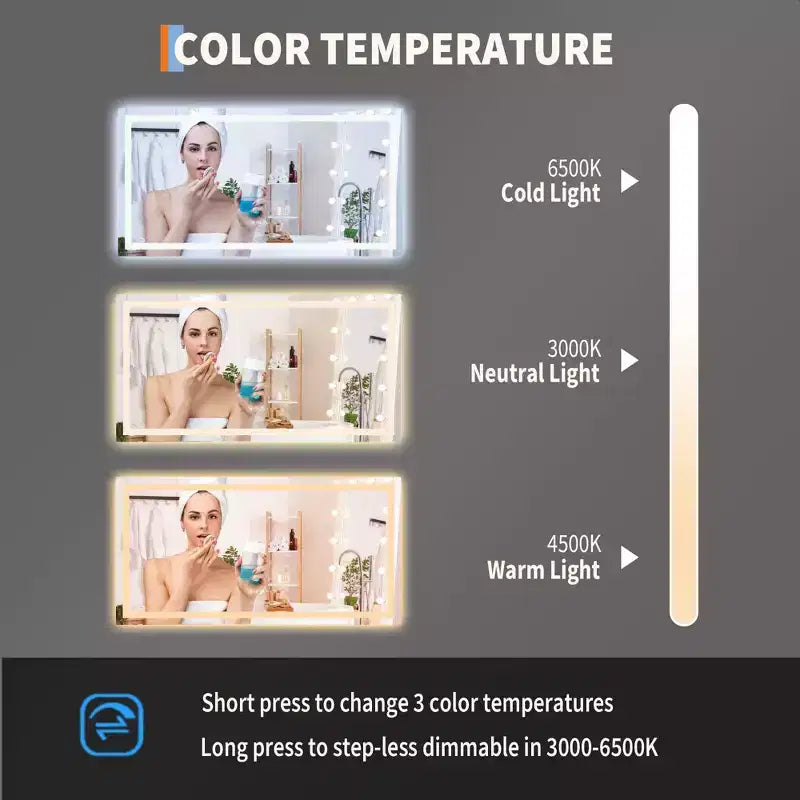 Specchio da Bagno a LED Senza Cornice con Illuminazione Frontale e Retroilluminazione, Dimmerabile Continua, Anti-Appannamento, Anti-Rottura per Parete (Orizzontale/Verticale)