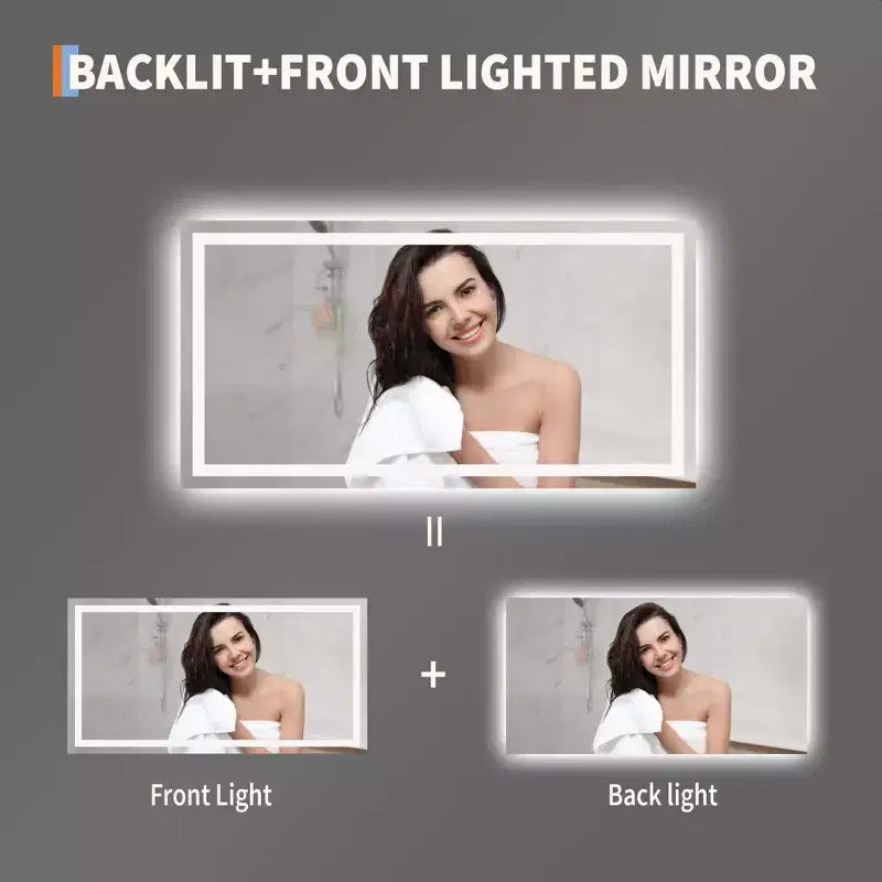 Specchio da Bagno a LED Senza Cornice con Illuminazione Frontale e Retroilluminazione, Dimmerabile Continua, Anti-Appannamento, Anti-Rottura per Parete (Orizzontale/Verticale)